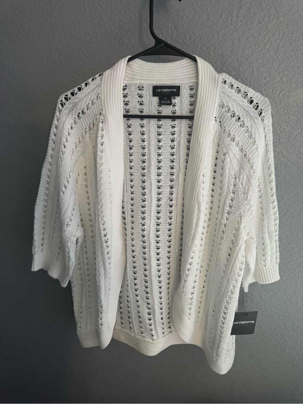 Liz Claiborne White Open-Knit Short Sleeve Cardigan